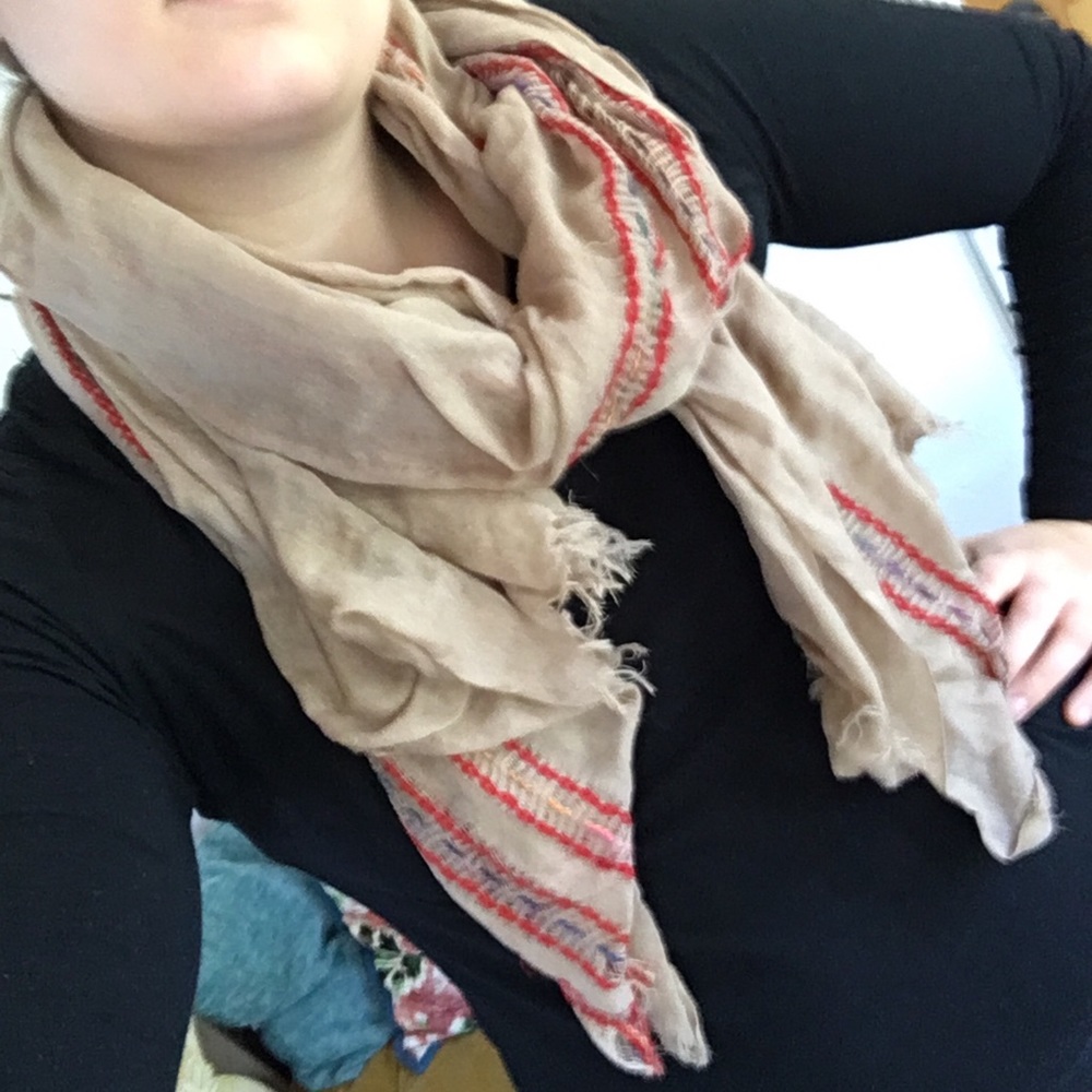 Large sheer bohemian hippie scarf tan and red wrap